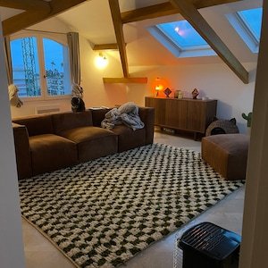 Green Moroccan Wool Rug – Handmade Berber Area Rug – Geometric Beni Ourain Style – Ivory & Green Rug - Image 2