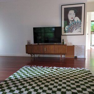 Green Moroccan Wool Rug – Handmade Berber Area Rug – Geometric Beni Ourain Style – Ivory & Green Rug - Image 9