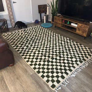 Green Moroccan Wool Rug – Handmade Berber Area Rug – Geometric Beni Ourain Style – Ivory & Green Rug - Image 10