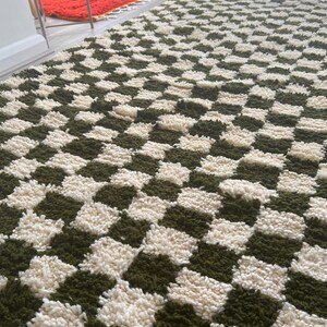 Green Moroccan Wool Rug – Handmade Berber Area Rug – Geometric Beni Ourain Style – Ivory & Green Rug - Image 11