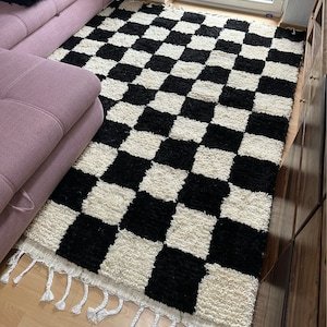 Black & Ivory Moroccan Wool Rug – Handmade Berber Area Rug – Checkerboard Beni Ourain Style