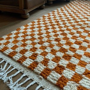 Orange Moroccan Wool Rug – Handmade Berber Area Rug – Checkerboard Beni Ourain Style – Ivory & Terracotta Rug - Image 3