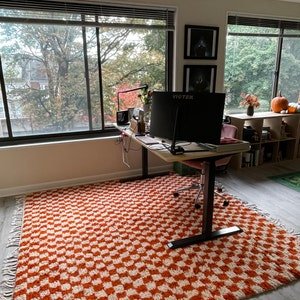 Orange Moroccan Wool Rug – Handmade Berber Area Rug – Checkerboard Beni Ourain Style – Ivory & Terracotta Rug - Image 7