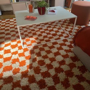 Orange Moroccan Wool Rug – Handmade Berber Area Rug – Checkerboard Beni Ourain Style – Ivory & Terracotta Rug - Image 12