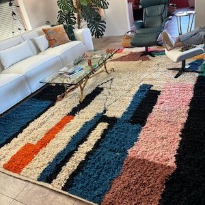 Modern Abstract Moroccan Berber Rug – Handmade Wool Area Rug with Artistic Geometric Design in Multicolor Blocks
