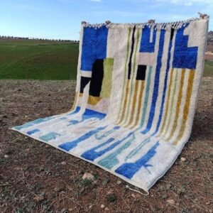 Abstract Moroccan Wool Rug – Modern Beni Ourain Style – Handmade Berber Area Rug – Blue & Ivory Wool Rug