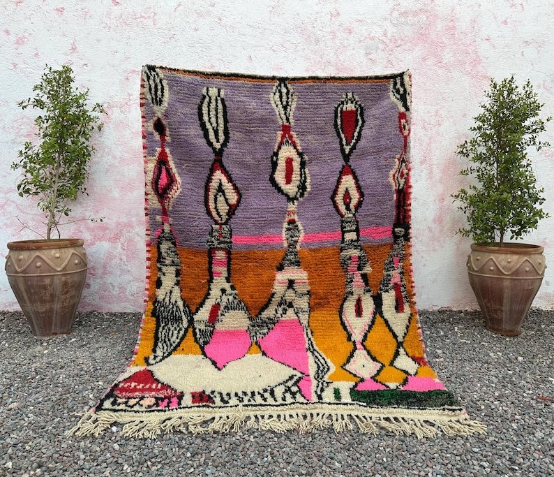 Colorful Moroccan Azilal Rug – Handmade Berber Wool Area Rug – Tribal Symbolic Art Design
