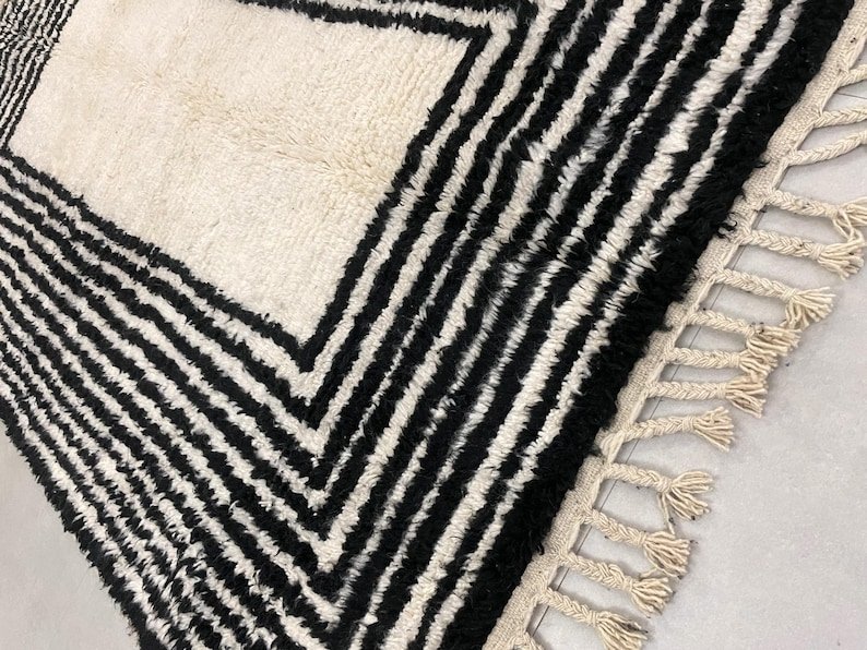 Black & Ivory Moroccan Wool Rug – Handmade Berber Area Rug – Geometric Beni Ourain Style – Modern Minimal Rug - Image 6
