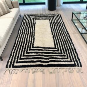 Black & Ivory Moroccan Wool Rug – Handmade Berber Area Rug – Geometric Beni Ourain Style – Modern Minimal Rug