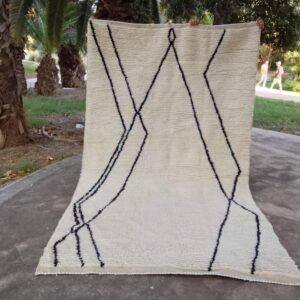Minimalist Beni Ourain Moroccan Rug – Handmade Wool Area Rug – Ivory Berber Rug with Black Lines