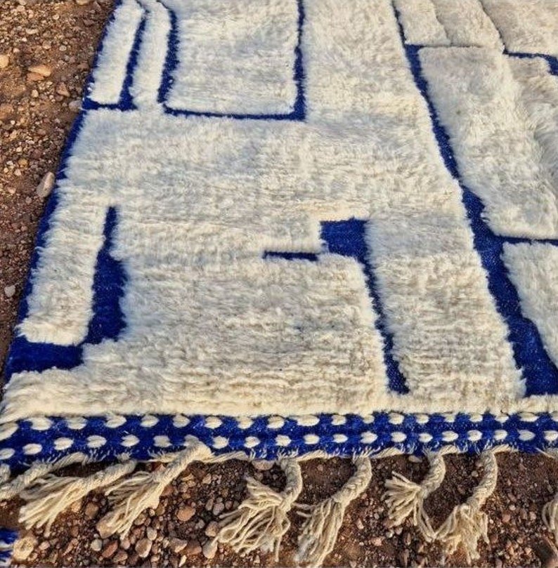 Ivory Moroccan Wool Rug with Blue Lines – Handmade Berber Area Rug – Modern Beni Ourain Style - Image 3