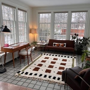 Geometric Moroccan Wool Rug – Handmade Berber Area Rug – Ivory, Brown & Black Modern Design