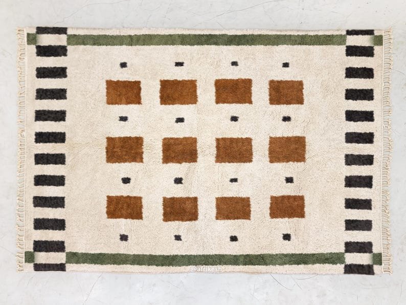 Geometric Moroccan Wool Rug – Handmade Berber Area Rug – Ivory, Brown & Black Modern Design - Image 5
