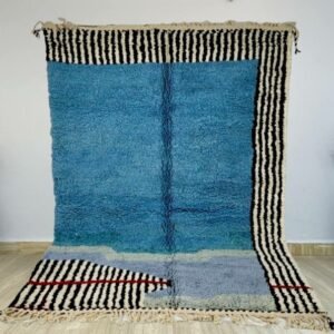 Blue Moroccan Wool Rug – Handmade Berber Area Rug – Modern Beni Ourain Style – Striped Wool Rug