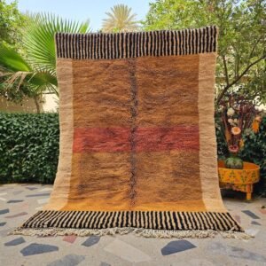 Earth Tone Moroccan Wool Rug – Handmade Berber Area Rug – Vintage Beni Ourain Style with Striped Borders