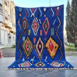 Royal Blue Moroccan Azilal Rug – Handmade Berber Wool Area Rug – Colorful Diamond Tribal Design