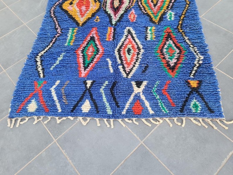 Royal Blue Moroccan Azilal Rug – Handmade Berber Wool Area Rug – Colorful Diamond Tribal Design - Image 2