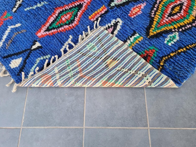 Royal Blue Moroccan Azilal Rug – Handmade Berber Wool Area Rug – Colorful Diamond Tribal Design - Image 3