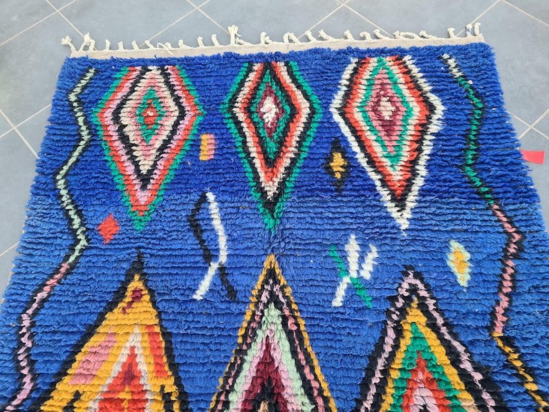 Royal Blue Moroccan Azilal Rug – Handmade Berber Wool Area Rug – Colorful Diamond Tribal Design - Image 5