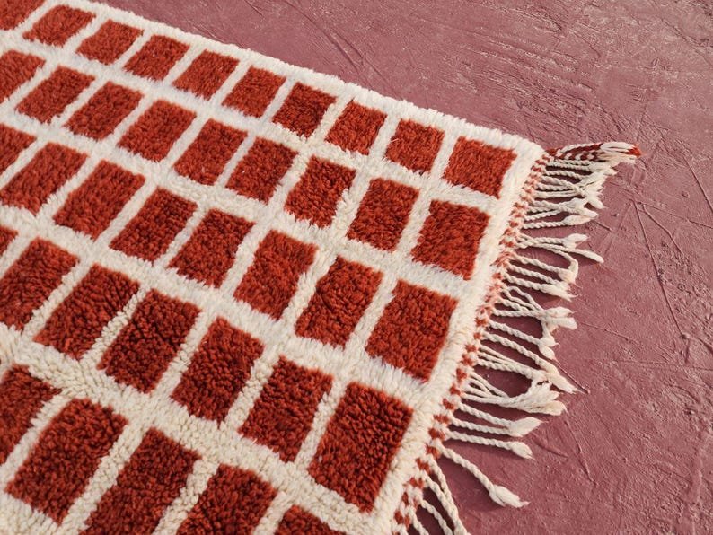 Terracotta Moroccan Wool Rug – Handmade Berber Area Rug – Geometric Grid Beni Ourain Style - Image 2
