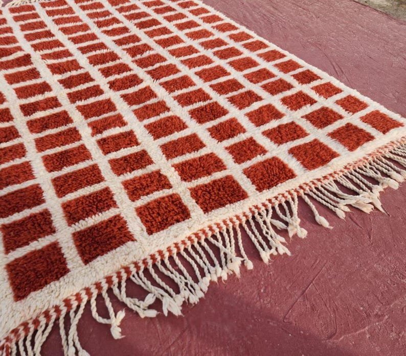 Terracotta Moroccan Wool Rug – Handmade Berber Area Rug – Geometric Grid Beni Ourain Style - Image 5