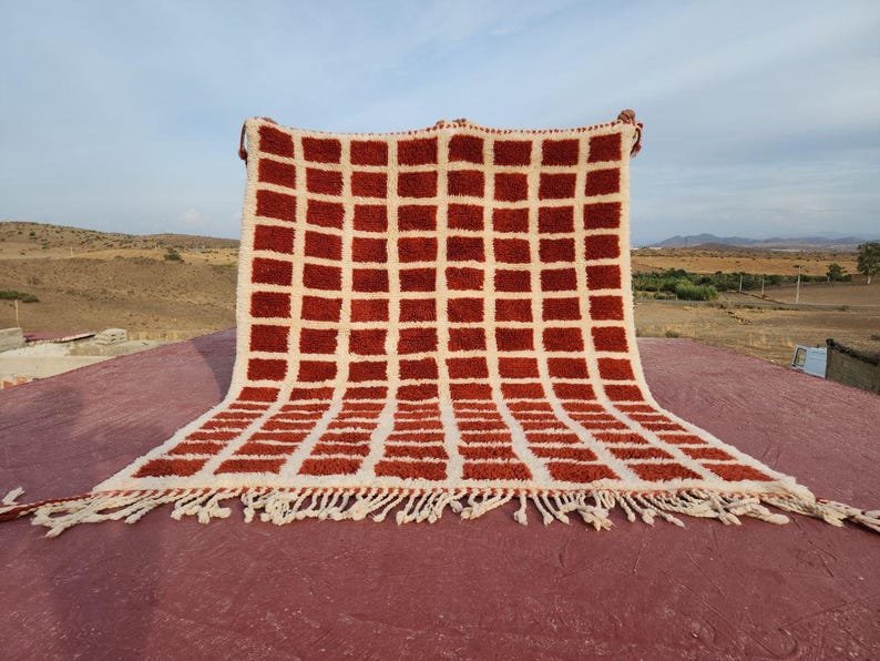Terracotta Moroccan Wool Rug – Handmade Berber Area Rug – Geometric Grid Beni Ourain Style
