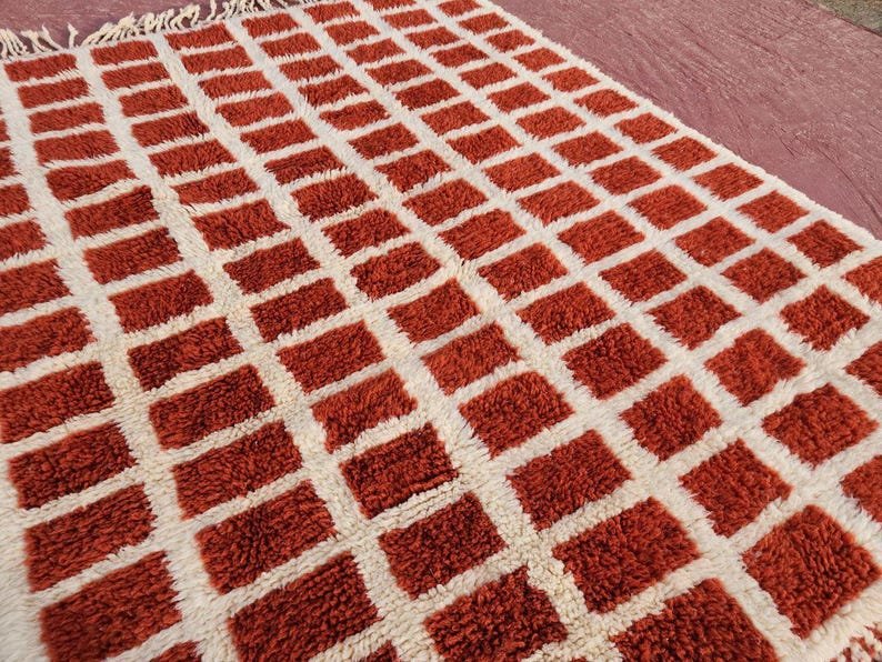 Terracotta Moroccan Wool Rug – Handmade Berber Area Rug – Geometric Grid Beni Ourain Style - Image 7