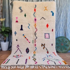 Ivory Moroccan Berber Rug – Handmade Wool Area Rug – Colorful Tribal Symbol Beni Ourain Style