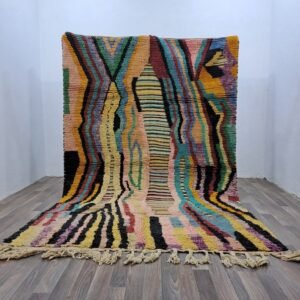 Multicolor Moroccan Azilal Rug – Handmade Berber Wool Area Rug – Bold Striped Abstract Design