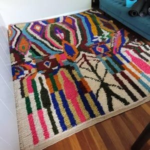 Vibrant Moroccan Azilal Rug – Handmade Berber Wool Area Rug – Colorful Geometric Patchwork Design