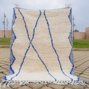 Ivory Moroccan Beni Ourain Rug with Blue Lines – Handmade Berber Wool Area Rug – Minimalist Design