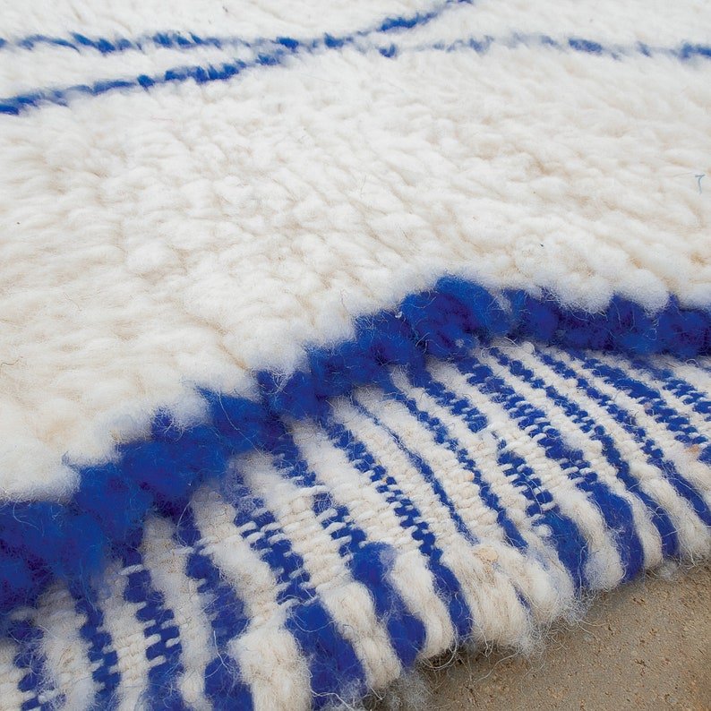 Ivory Moroccan Beni Ourain Rug with Blue Lines – Handmade Berber Wool Area Rug – Minimalist Design - Image 5