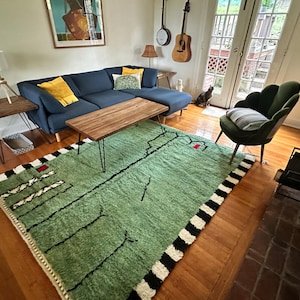 Mint Green Moroccan Azilal Rug – Handmade Abstract Berber Wool Runner – Modern Minimalist Area Rug