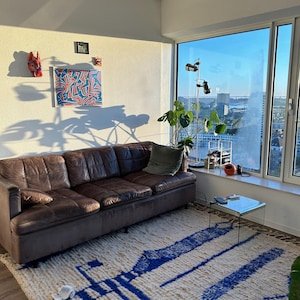 Cream Moroccan Azilal Rug with Blue Abstract Lines – Handmade Berber Wool Runner – Modern Minimalist Area Rug