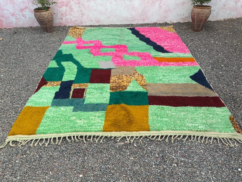 Colorful Moroccan Azilal Rug – Handmade Abstract Wool Rug in Green & Pink, Modern Berber Area Rug - Image 2