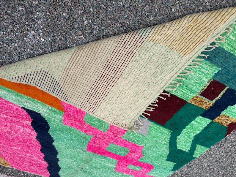 Colorful Moroccan Azilal Rug – Handmade Abstract Wool Rug in Green & Pink, Modern Berber Area Rug - Image 6
