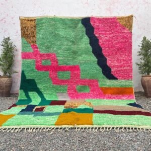 Colorful Moroccan Azilal Rug – Handmade Abstract Wool Rug in Green & Pink, Modern Berber Area Rug
