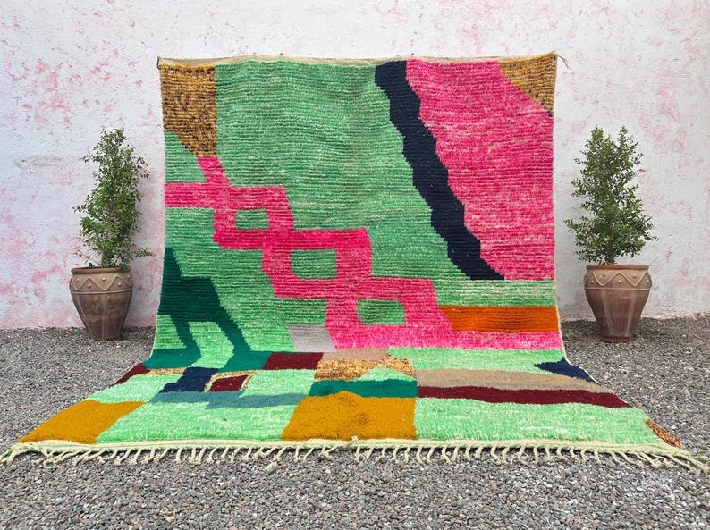 Colorful Moroccan Azilal Rug – Handmade Abstract Wool Rug in Green & Pink, Modern Berber Area Rug