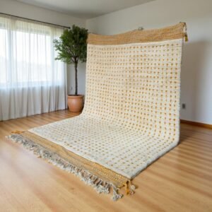 Moroccan Beni Ourain Rug with Mustard Dots – Handmade Wool Berber Rug, Minimal Modern Area Rug
