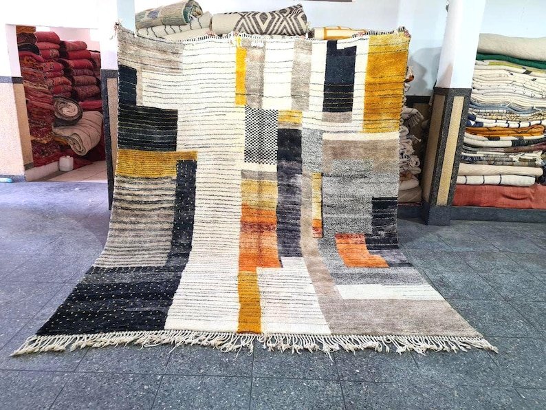 Modern Moroccan Berber Rug – Handmade Wool Area Rug with Geometric Color Blocks in Neutral & Mustard Tones