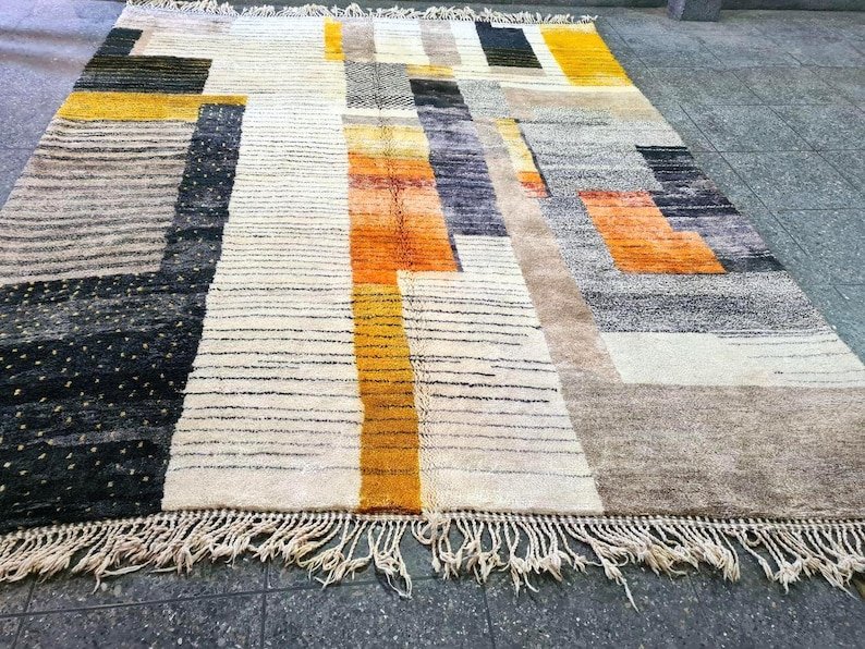 Modern Moroccan Berber Rug – Handmade Wool Area Rug with Geometric Color Blocks in Neutral & Mustard Tones - Image 3
