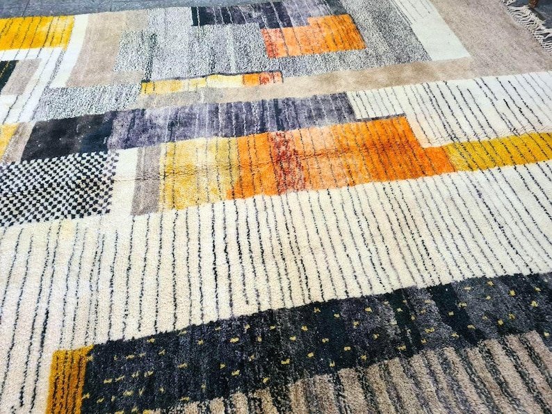 Modern Moroccan Berber Rug – Handmade Wool Area Rug with Geometric Color Blocks in Neutral & Mustard Tones - Image 4