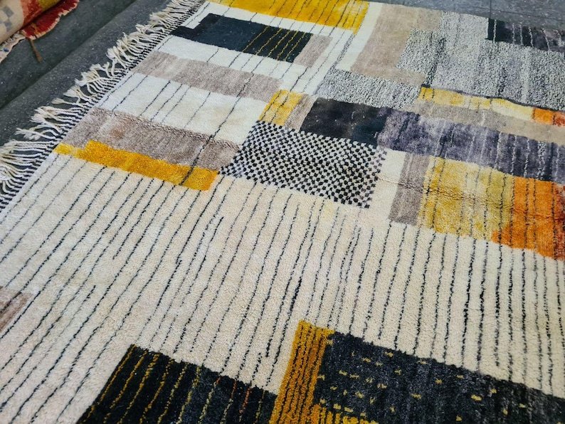 Modern Moroccan Berber Rug – Handmade Wool Area Rug with Geometric Color Blocks in Neutral & Mustard Tones - Image 5