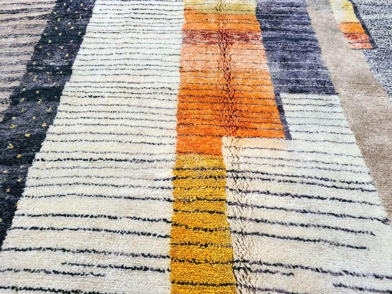 Modern Moroccan Berber Rug – Handmade Wool Area Rug with Geometric Color Blocks in Neutral & Mustard Tones - Image 6