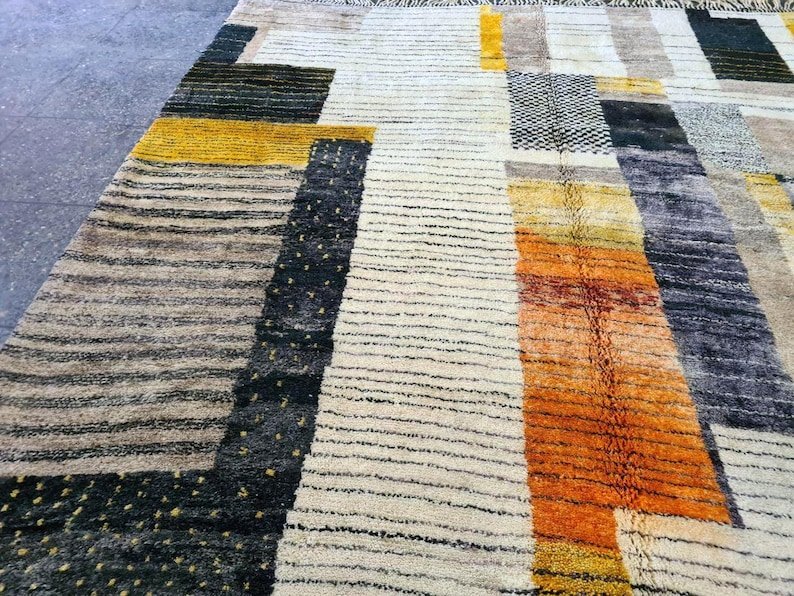 Modern Moroccan Berber Rug – Handmade Wool Area Rug with Geometric Color Blocks in Neutral & Mustard Tones - Image 7