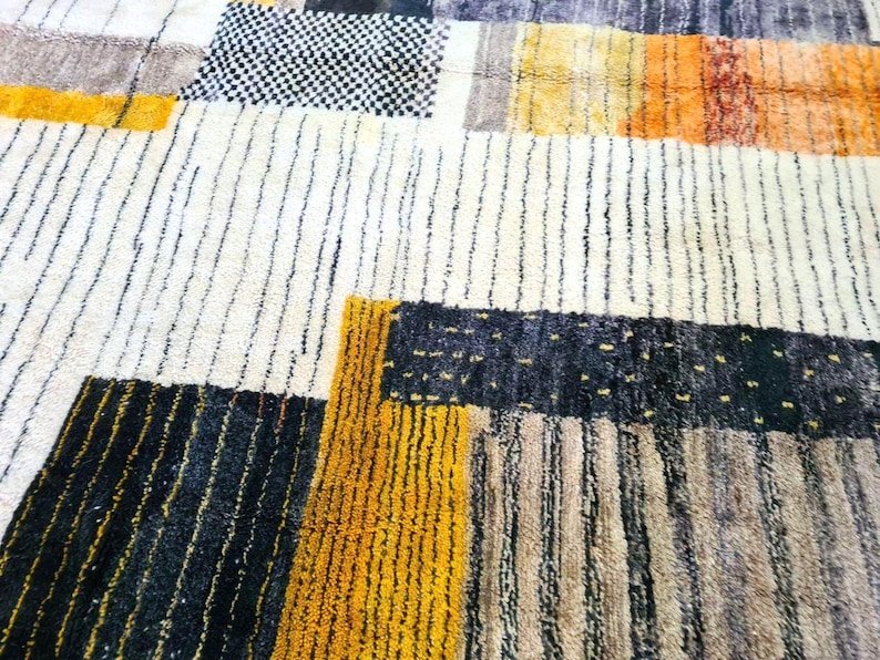 Modern Moroccan Berber Rug – Handmade Wool Area Rug with Geometric Color Blocks in Neutral & Mustard Tones - Image 8