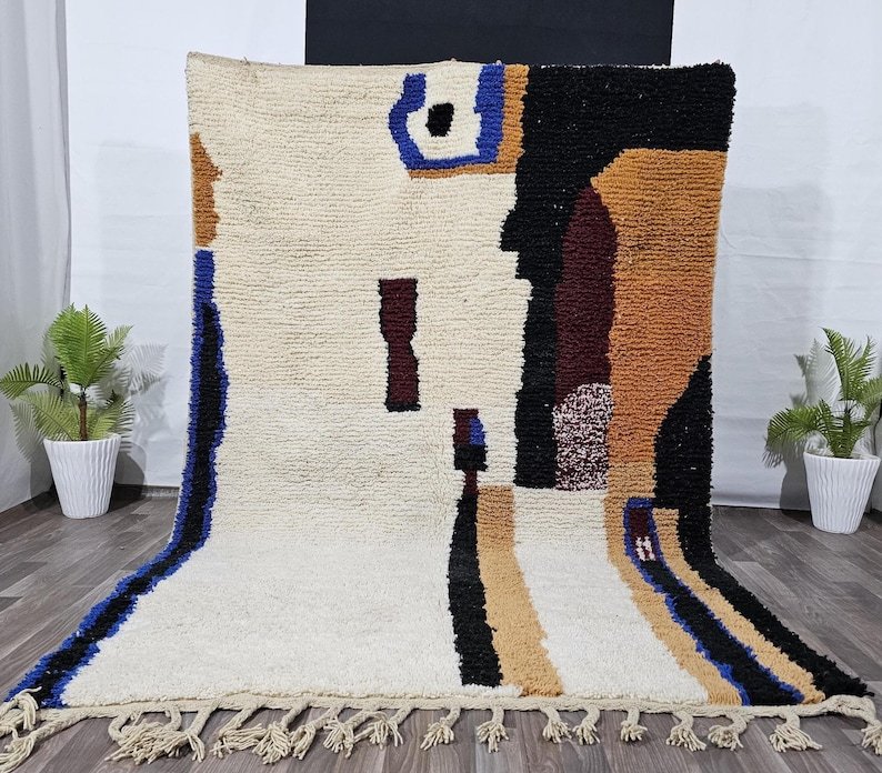 Modern Abstract Moroccan Berber Rug – Handmade Wool Area Rug with Bold Geometric Shapes in Neutral & Earth Tones