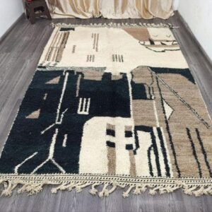 Modern Moroccan Berber Runner Rug – Handmade Wool Area Rug with Abstract Geometric Design in Black, Ivory & Sand