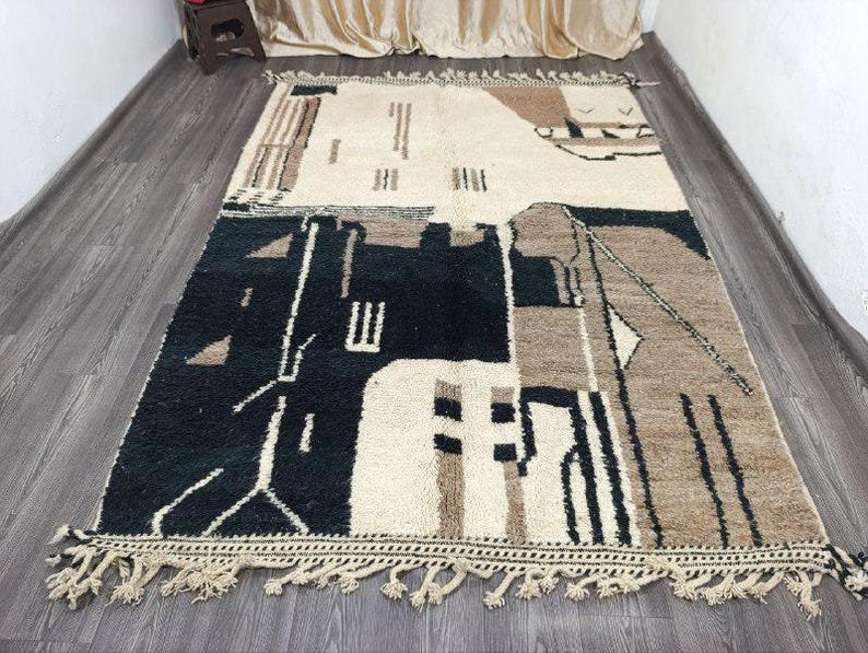 Modern Moroccan Berber Runner Rug – Handmade Wool Area Rug with Abstract Geometric Design in Black, Ivory & Sand