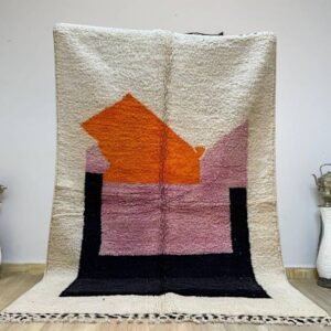 Modern Abstract Moroccan Berber Rug – Handmade Wool Area Rug with Bold Color Blocks in Ivory, Black, Pink & Orange